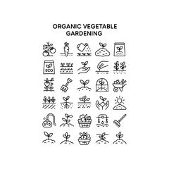 Hand drawn icons representing organic vegetable gardening stages and tools