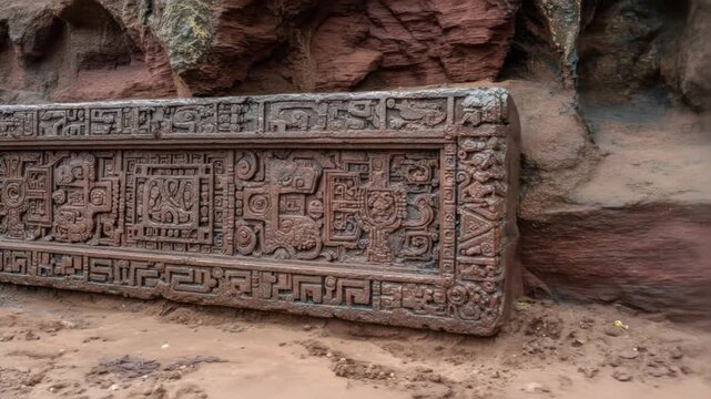 Close-up of intricately carved, ancient, rectangular relief panel featuring geometric and figural designs