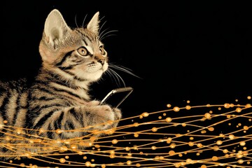 Furry friend's smartphone fun in the moonlit room. Delighted cat. High-bandwidth data links redefine global digital communication. Feline enchantment. Fast signal networks.