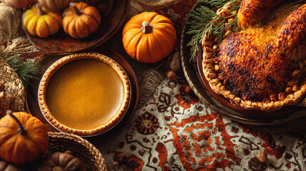 Overhead view of a thanksgiving feast with pumpkin pie and turkey on a patterned cloth
