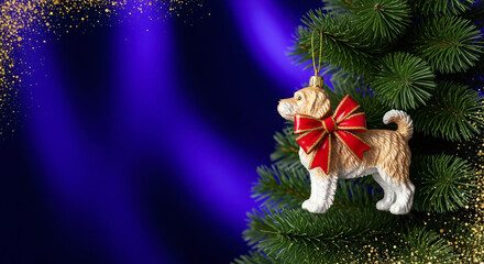 Obraz premium Decorative dog ornament hanging on Christmas tree with blue background 