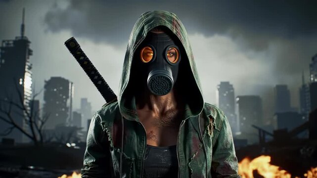 Woman in gas mask with sword on back, green hooded jacket, in destroyed urban landscape, smoky sky, and fire, evoking a post-apocalyptic scene.
