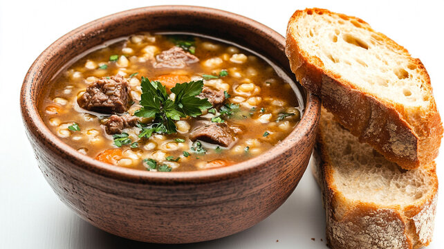 Hearty beef and barley soup with vegetables and parsley, served in a rustic bowl alongside crusty bread slices.