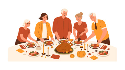 Family Gathering at a Festive Table: A heartwarming scene unfolds as a family prepares a lavish feast, with a roasted turkey taking center stage amidst the cheerful atmosphere of a shared meal.