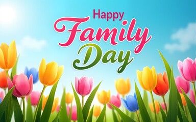 spring celebration, a colorful message happy family day surrounded by bright blooms and clear blue skies, creating a cheerful atmosphere. High quality