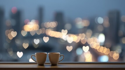 Two cups of hot drink against city night lights with heart bokeh, romantic urban evening, valentine day celebration, love concept, cozy atmosphere