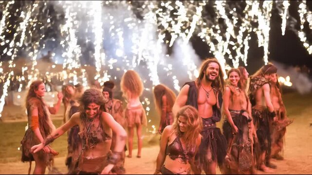 A group of tribal-styled people cheer and raise their hands while dancing as bright fireworks burst overhead, illuminating the night area around the bonfires