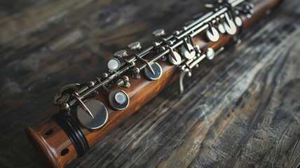 Close-up of a classic polished wooden clarinet with shining silver keys resting on a rustic wood surface.