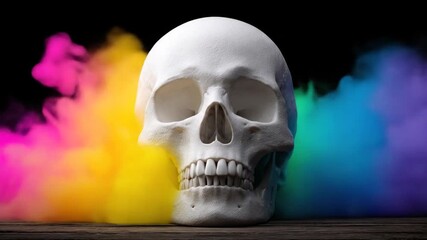 A white skull rests on wood, against a dark backdrop with colorful, smoky plumes - Powered by Adobe