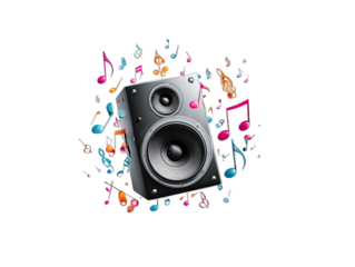 Speaker, Colorful Notes, Digital Art, Vibrant Environment, Creative Viewpoint, Sound Concept