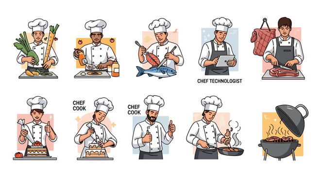 Illustrated set of professional male chefs in uniform performing various culinary tasks and activities.