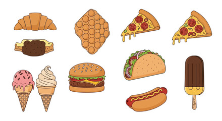 A collection of popular fast food items and desserts, including pizza, burgers, tacos, ice cream, and more.