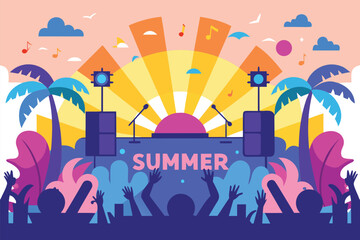 A lively summer concert scene featuring a large audience with raised hands, a colorful stage, tropical palm trees, and a radiant sunrise. Perfect for music, festival, and outdoor event themes.