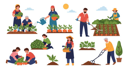 People gardening, tending to plants, watering, and harvesting vegetables.