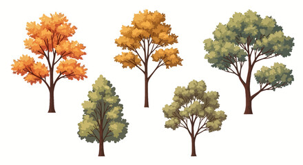 Fototapeta premium Illustration of five trees with different leaf colors and shapes.