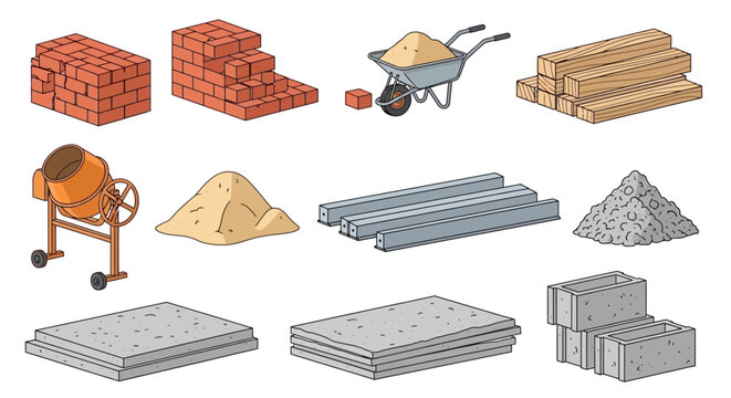 A collection of construction materials and equipment, including bricks, cement, lumber, and a concrete mixer.