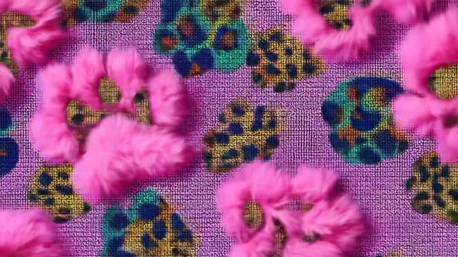 A vibrant, textured image featuring pink fluffy elements over leopard print patterns and a grid background