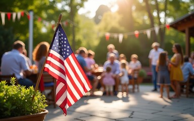 American flag on a patio full of guests enjoying a Memorial Day barbecue, children playing in the background. American family and friends celebrating the 4th of July, Independence Day. Copy space