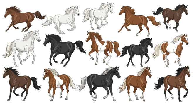 A collection of various horse illustrations, showcasing different coat colors and patterns in a running pose.
