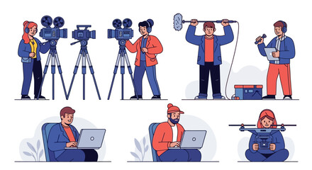A collection of illustrations depicting various aspects of film and video production, including cameras, boom microphones, drones, and people working with laptops.