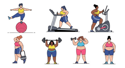 Diverse group of plus-size women exercising with various fitness equipment and activities, promoting health.