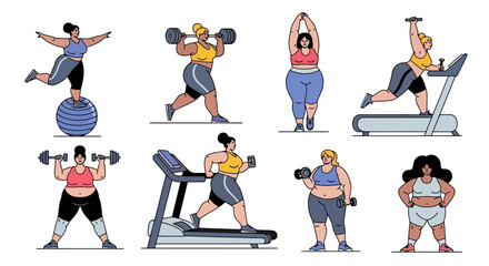 Obraz premium Illustration of plus-size women exercising with weights, treadmill, and balance ball.