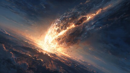 Dramatic illustration of a massive celestial body impacting a planet, creating a colossal fiery explosion and a cataclysmic atmospheric event