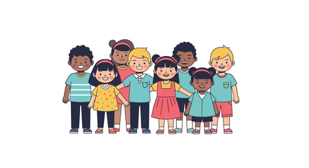A diverse group of smiling cartoon children from different ethnic backgrounds standing together in friendship.