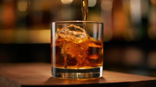 Whiskey being poured into a glass with ice on a wooden table in a dimly lit bar, moody atmosphere, warm colors, close-up shot.