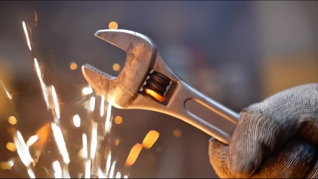 A worker&rsquo;s gloved hand firmly holds an adjustable wrench, and moments later bright sparks fly in the background, enhancing the impression of active work in a workshop