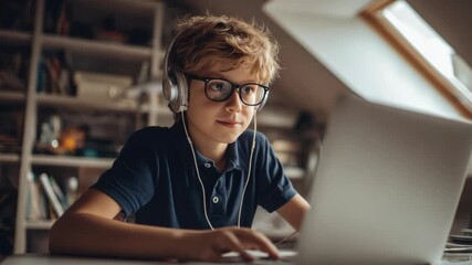Boy with headphones using a laptop computer for online education - Powered by Adobe
