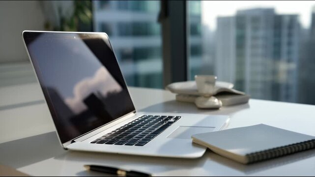 An open laptop sits on a bright office desk near the window, with a notebook and pen beside it while natural daylight reflects off the screen, forming a calm workspace scene