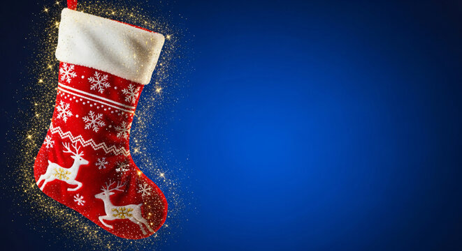 Red Christmas stocking with white fur trim hanging against blue background  
