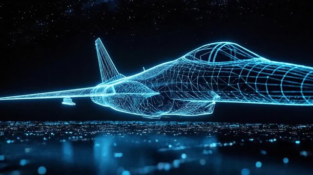 Futuristic Fighter Jet Design A Digital Blue Wireframe Aircraft over Cityscape