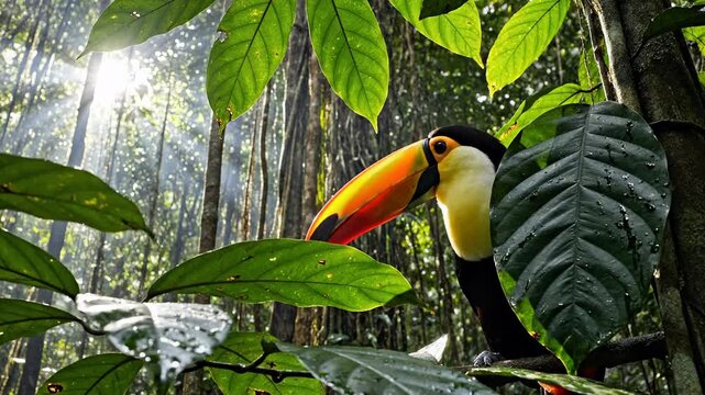 Vibrant toucan perched amid lush rainforest foliage, sunbeams filtering through dense canopy, serene tropical wildlife scene perfect for Earth Day