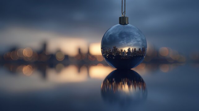 Christmas ornament reflecting a city skyline at dusk with a blurred background - Powered by Adobe