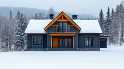 Contemporary house featuring dark siding and wood accents, standing in a snowy winter landscape with pine trees