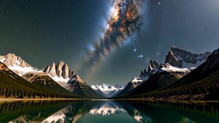 Majestic Milky Way galaxy rotating over snow-capped mountains with a mirror lake reflection in a dark blue night time lapse, ideal for scenic backgrounds. - Powered by Adobe