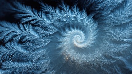 Abstract spiral of frost crystals in shades of blue, a natural winter pattern