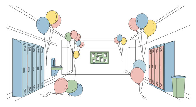 School hallway decorated with colorful balloons for celebration  