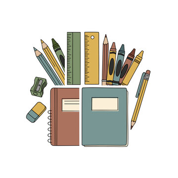 School supplies collection with notebooks, pencils, and ruler  