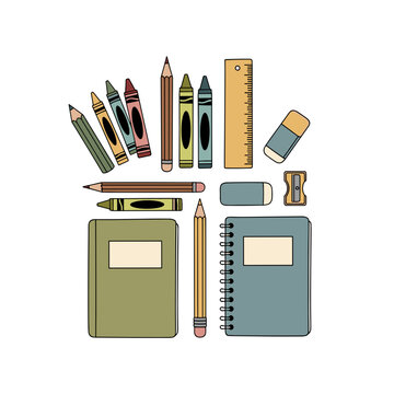 School supplies including notebooks, pencils, and crayons on white background  