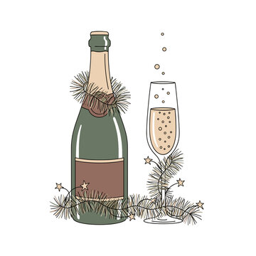 Sparkling wine bottle with champagne glass and festive decorations  