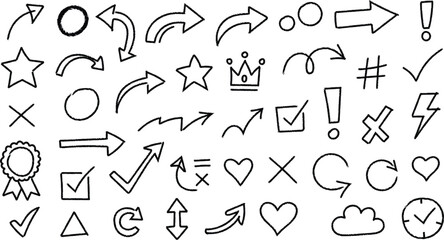 Hand drawn doodle arrows and symbols set
