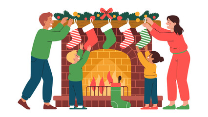 Christmas Family Moments by Fireplace: A family comes together to deck the fireplace with Christmas stockings, creating a heartwarming scene filled with holiday cheer and family bonding. 
