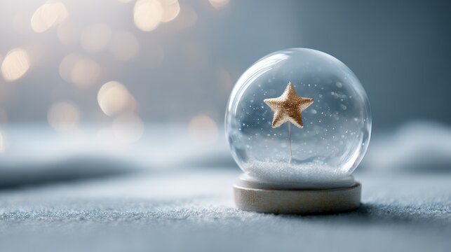 Snow globe with a golden star, winter holiday decoration and festive bokeh lights