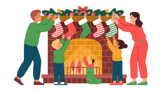 Christmas Family Moments by Fireplace: A family comes together to deck the fireplace with Christmas stockings, creating a heartwarming scene filled with holiday cheer and family bonding. 