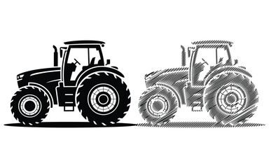 Two tractors solid and sketch style illustration