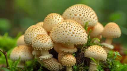 Cluster of small, textured puffball mushrooms (Shaggy Scalycaps) growing in moss on a lush green forest floor.