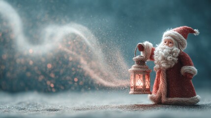 Santa Claus figurine holding a lantern in a magical winter scene